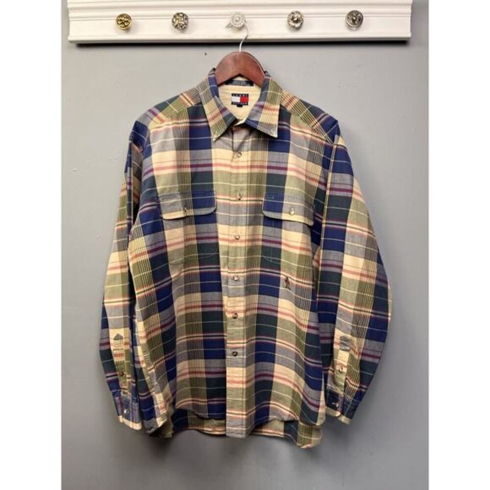 Vintage Tommy Hilfiger Mens Large Button Down Plaid Blue Pocket Embroidered